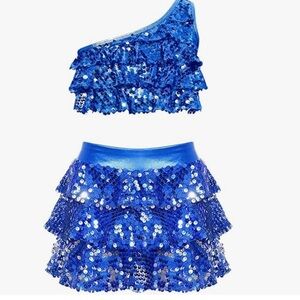 2 Piece Sequins One Shoulder Crop Top with skort Dance Costume